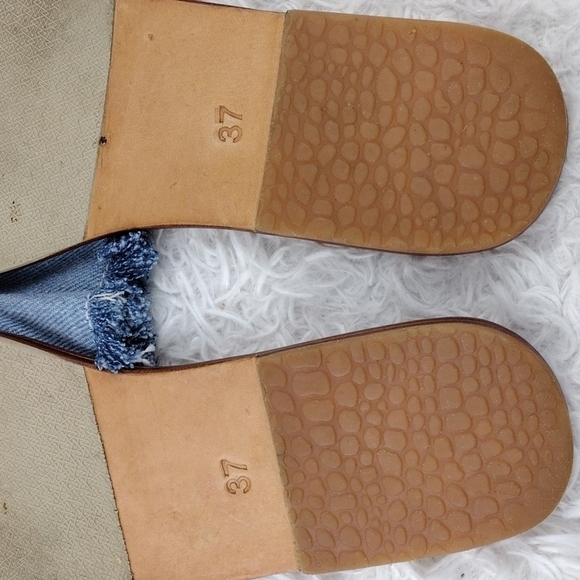 James Smith Blue Leather Fray Denim Fabric Upper Open Toe Slide Flat Sandal Shoe - Picture 9 of 15